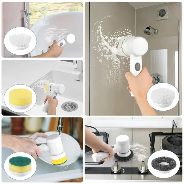 Electric Spin Scrubber with 5 Brush Heads, Wireless USB Rechargeable Multi-Surface Cleaner for Bathroom Kitchen Glass Utensils - Image 5
