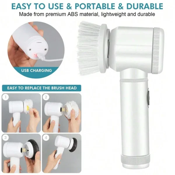 Electric Spin Scrubber USB Rechargeable with 5PCS Brush Heads Kitchen Dishwashing Brush Bathtub Tile Professional Cleaning Brush - Image 4