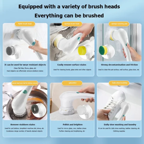 Electric Spin Scrubber with 5 Brush Heads Cordless Portable Cleaning Brush Handheld Scrubber Suitable for Bathroom Kitchen Tool - Image 4