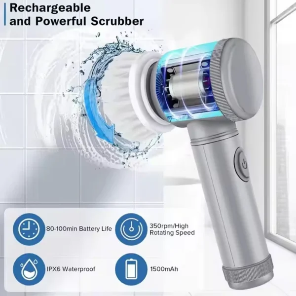 Electric Spin Scrubber 6 Replaceable Heads Handheld Cleaning Brush Bathroom Kitchen Window Bottle Designed Sponge Style - Image 5