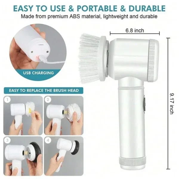 Electric Spin Scrubber, Bathroom Cordless Cleaning Brush Power Scrubber with 5 Replaceable Brush Heads, Electric Cleaning Brush - Image 2