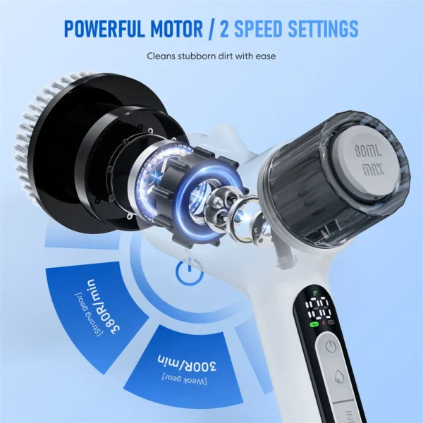 Electric Spin Scrubber with Water Spray Function for Cleaning Bathroom Cordless Clean Brush with 2 Speeds Adjustable Brush Heads - Image 2