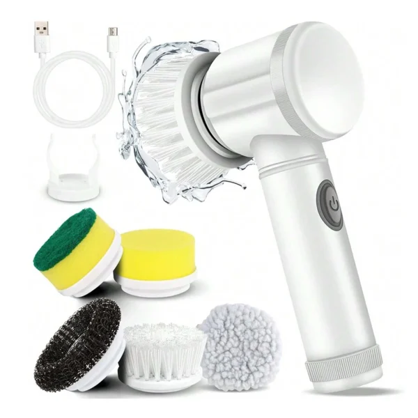 Electric Spin Scrubber with 5 Brush Heads, Wireless USB Rechargeable Multi-Surface Cleaner for Bathroom Kitchen Glass Utensils