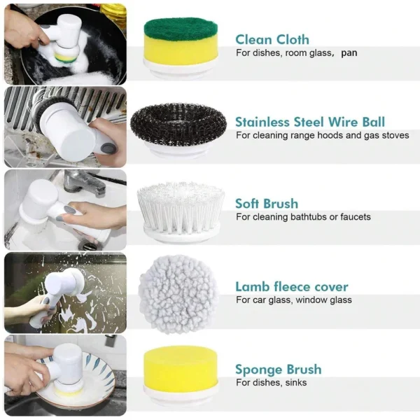 Electric Spin Scrubber USB Rechargeable with 5PCS Brush Heads Kitchen Dishwashing Brush Bathtub Tile Professional Cleaning Brush - Image 5