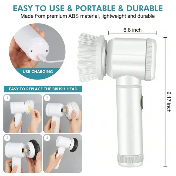 Electric Spin Scrubber with 5 Brush Heads, Wireless USB Rechargeable Multi-Surface Cleaner for Bathroom Kitchen Glass Utensils - Image 2