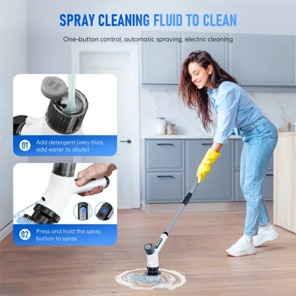 Electric Spin Scrubber with Water Spray Function for Cleaning Bathroom Cordless Clean Brush with 2 Speeds Adjustable Brush Heads - Image 4